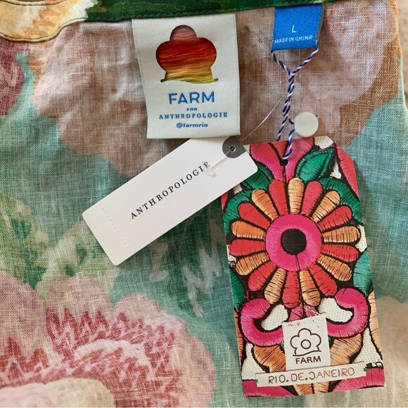 Farm Rio x Anthropologie Wrap Top Puff Sleeve Belted Tropical Colorful Large New - Picture 12 of 16